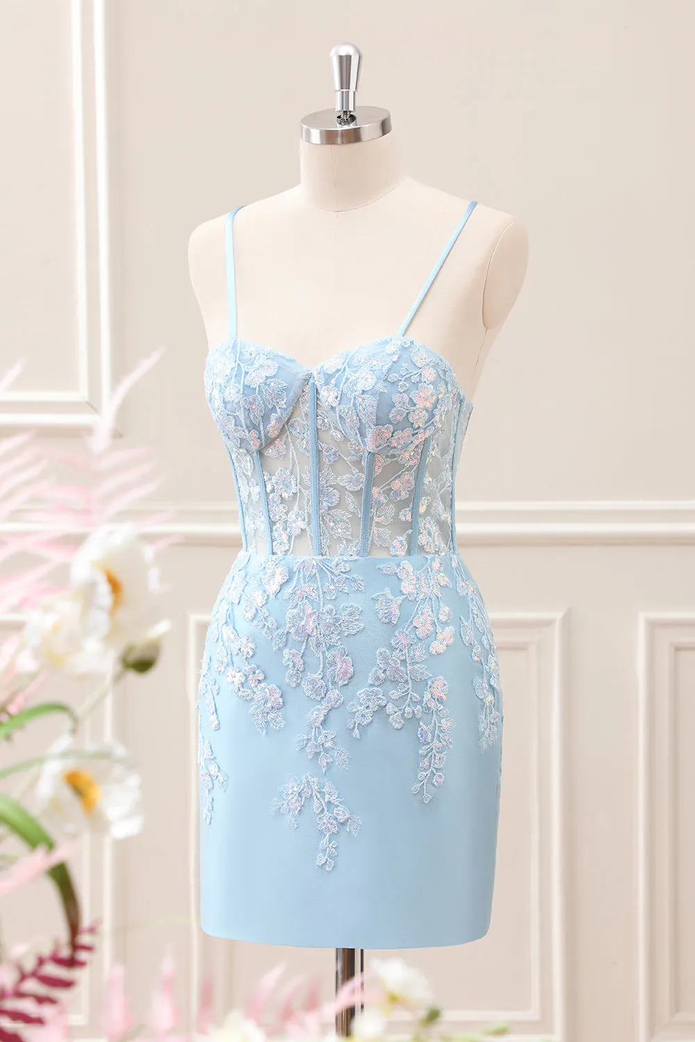 Sparkly Blue Embroidered Sequins Halter Corset Satin Tight Mini Dress