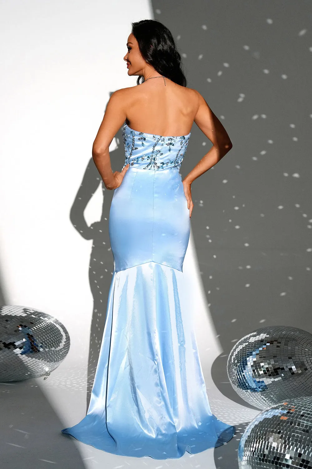 Sparkly Blue Strapless Mermaid Maxi Dress with Slit