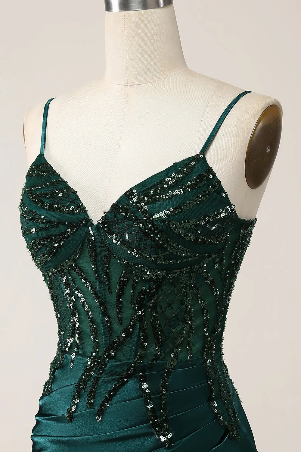 Sparkly Dark Green Mermaid Sequin Pleated Corset Maxi Dress with Slit