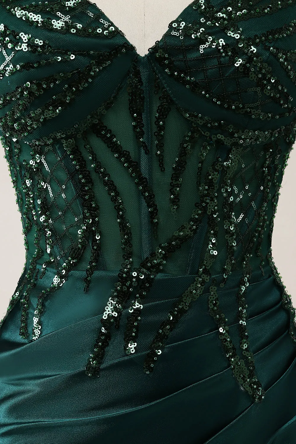 Sparkly Dark Green Mermaid Sequin Pleated Corset Maxi Dress with Slit