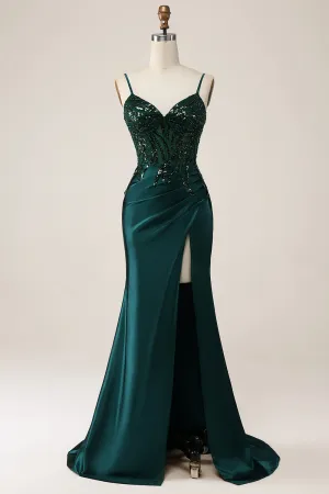 Sparkly Dark Green Mermaid Sequin Pleated Corset Maxi Dress with Slit