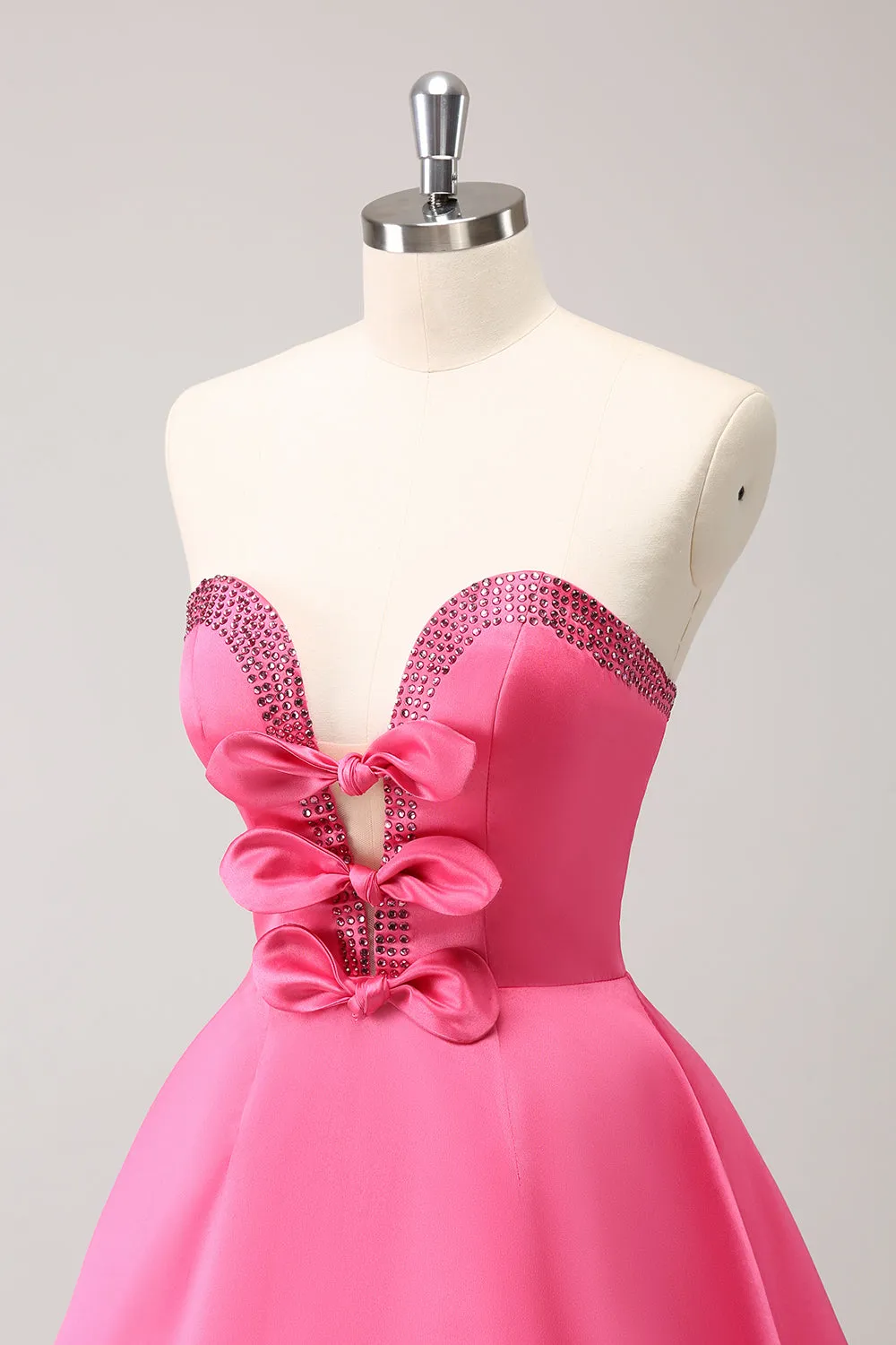 Sparkly Fuchsia A Line Beaded Strapless Mini Dress with Bows