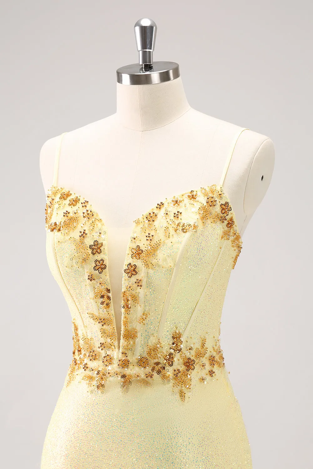 Sparkly Yellow Spaghetti Straps Corset Sequins Tight Mini Dress