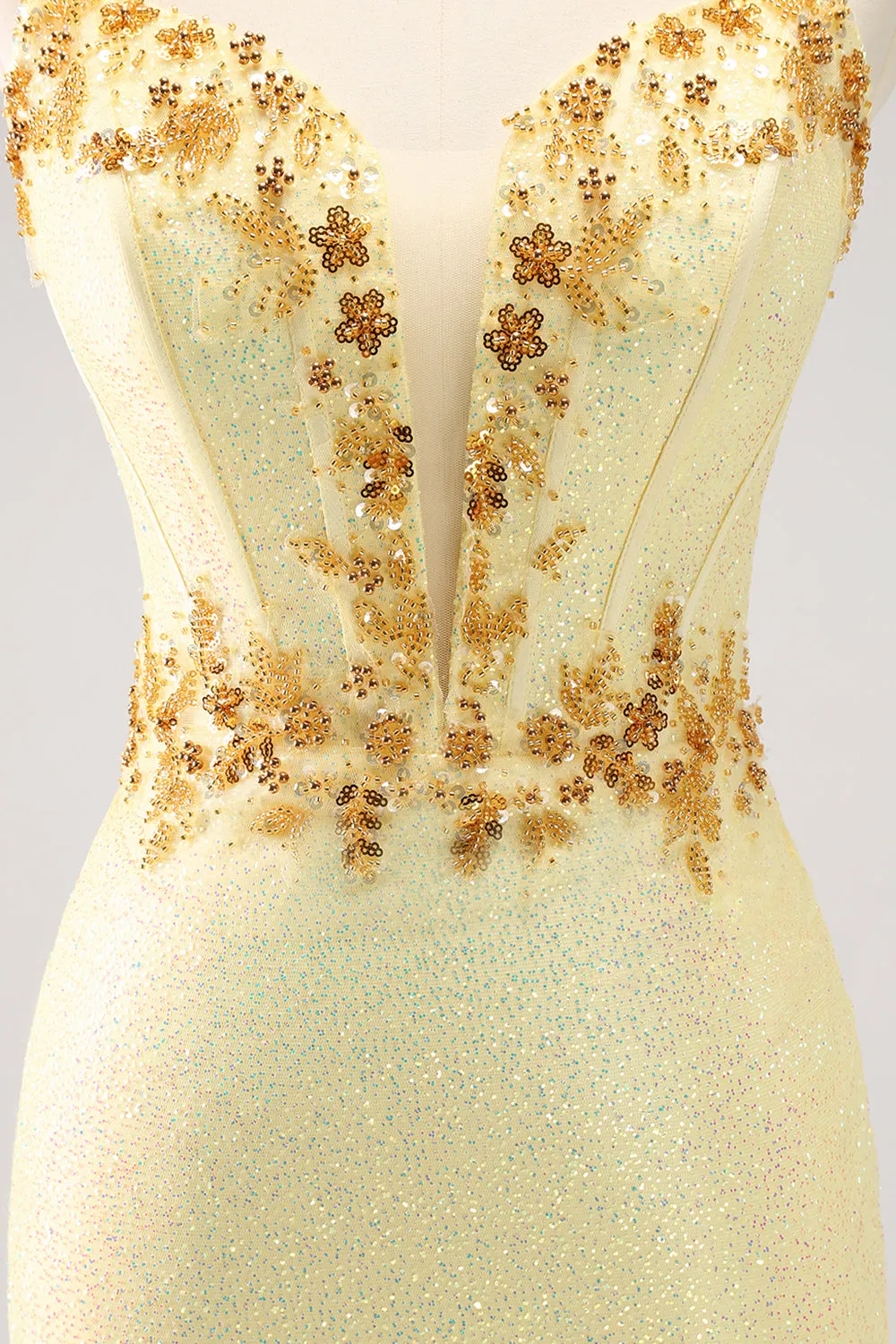 Sparkly Yellow Spaghetti Straps Corset Sequins Tight Mini Dress