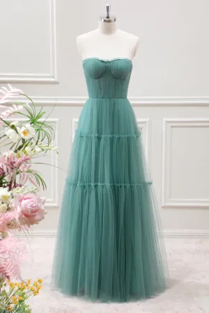 Strapless Tulle Eucalyptus A Line Maxi Dress