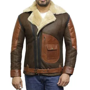 Tailor Made Men's Genuine Two Tone Sheepskin Leather Classic Belted Style Coat Jacket