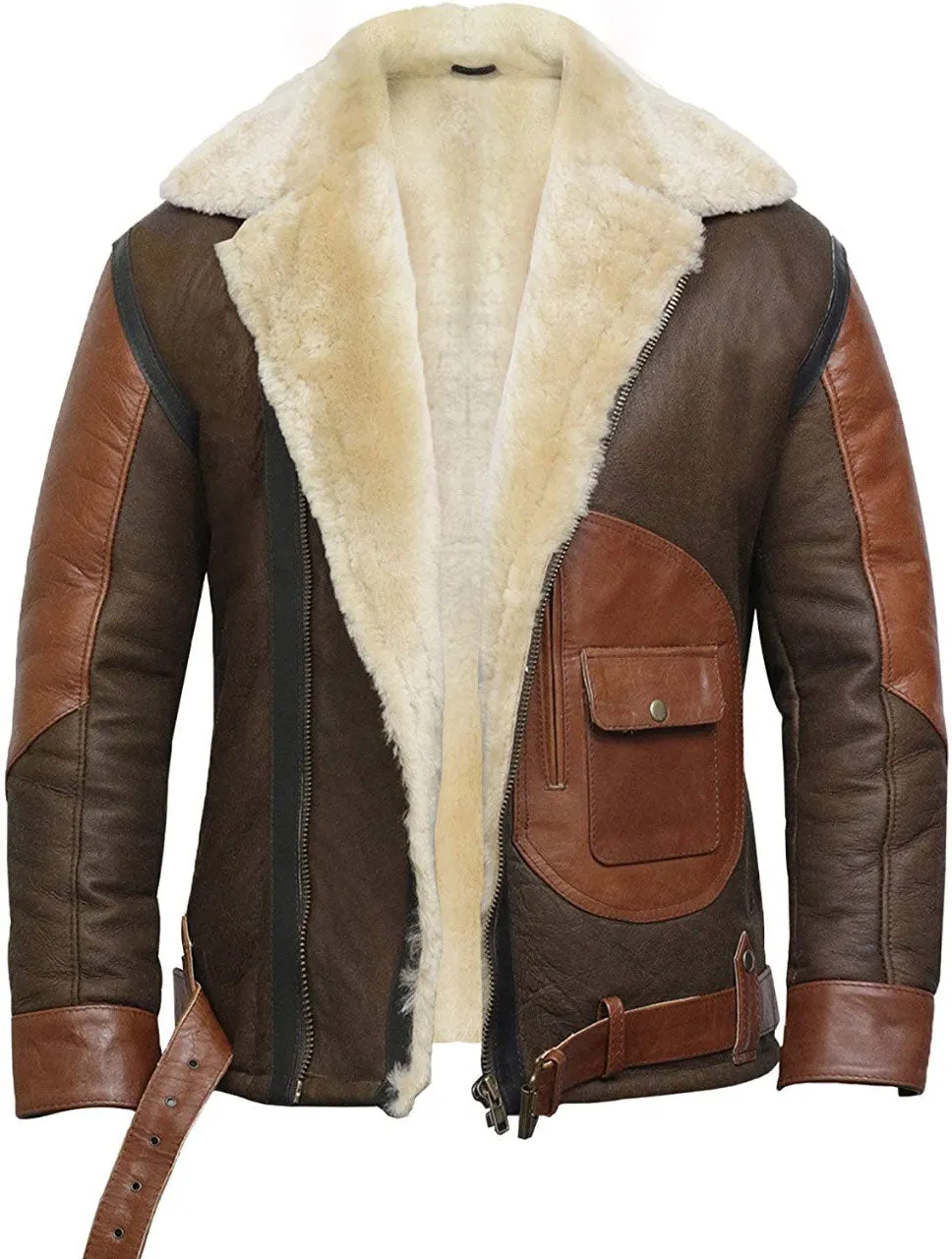 Tailor Made Men's Genuine Two Tone Sheepskin Leather Classic Belted Style Coat Jacket