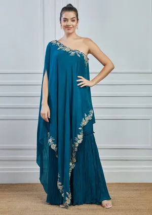 Teal Embroidered Crepe Silk Tunic Sharara Set