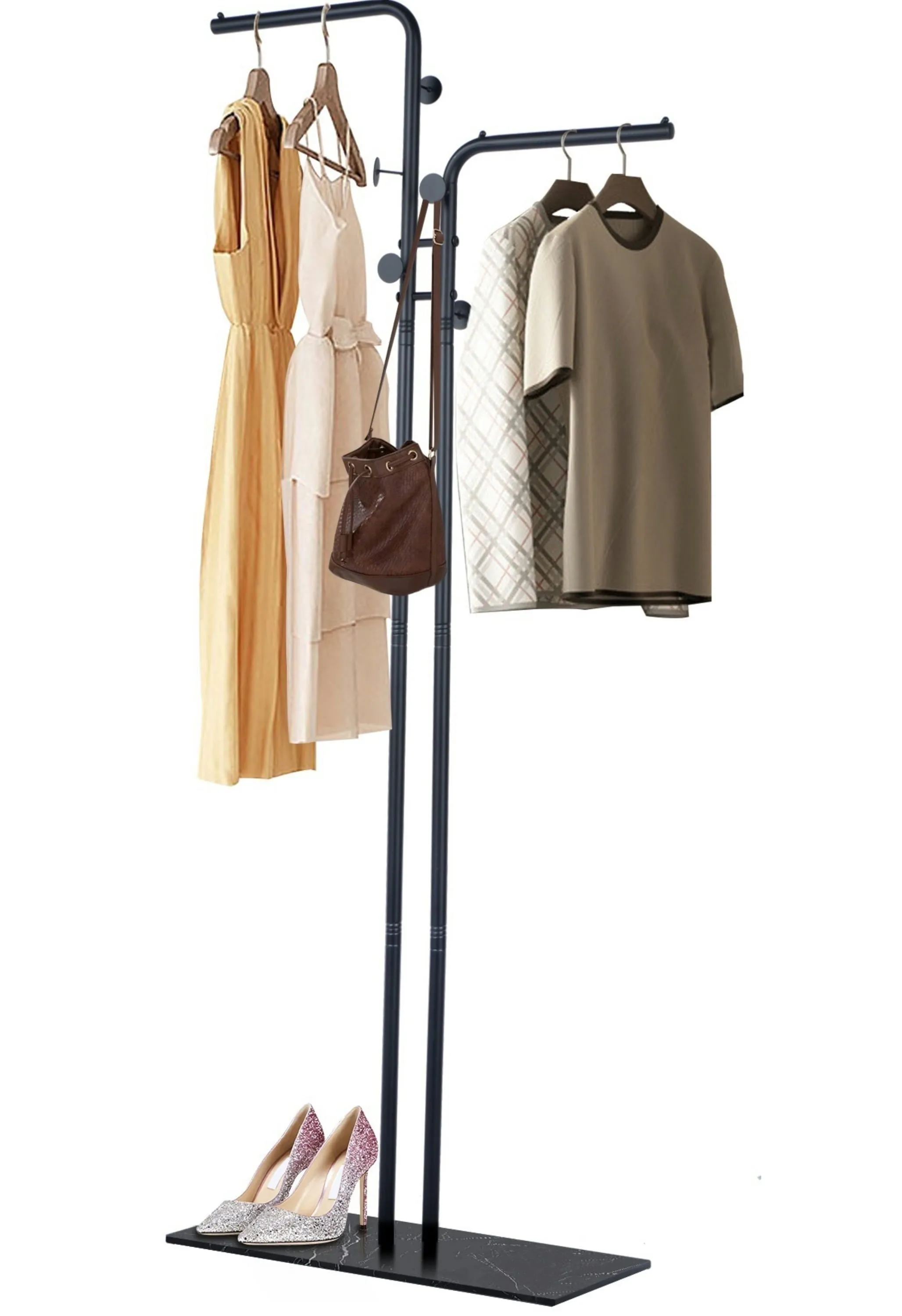 timeless Metal Coat Rack with Marble Base, Freestanding Double-pole Entryway Coats Hanger for Home, Office, Black