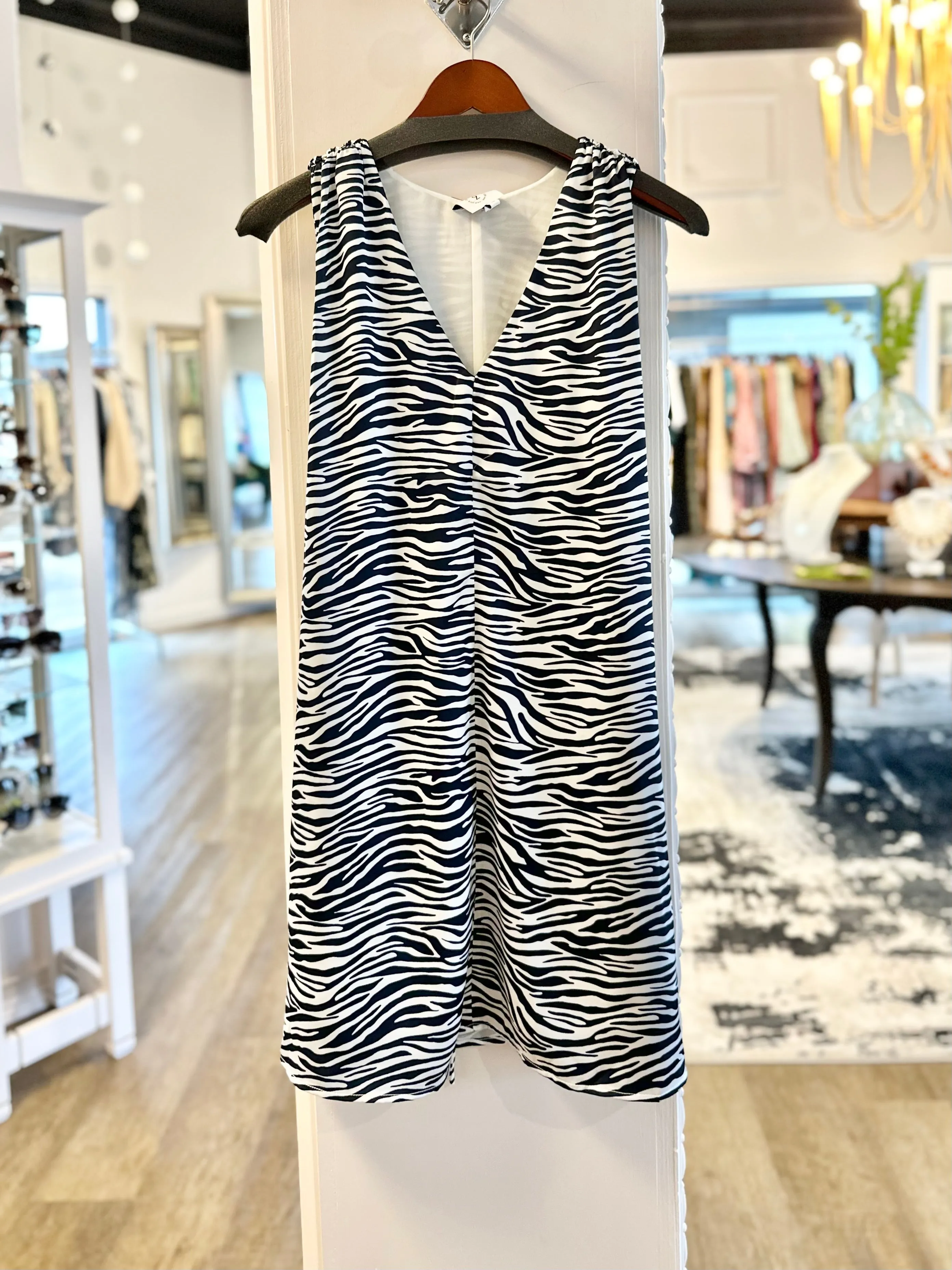 V Neck Zebra Print Shift Dress in navy by 209