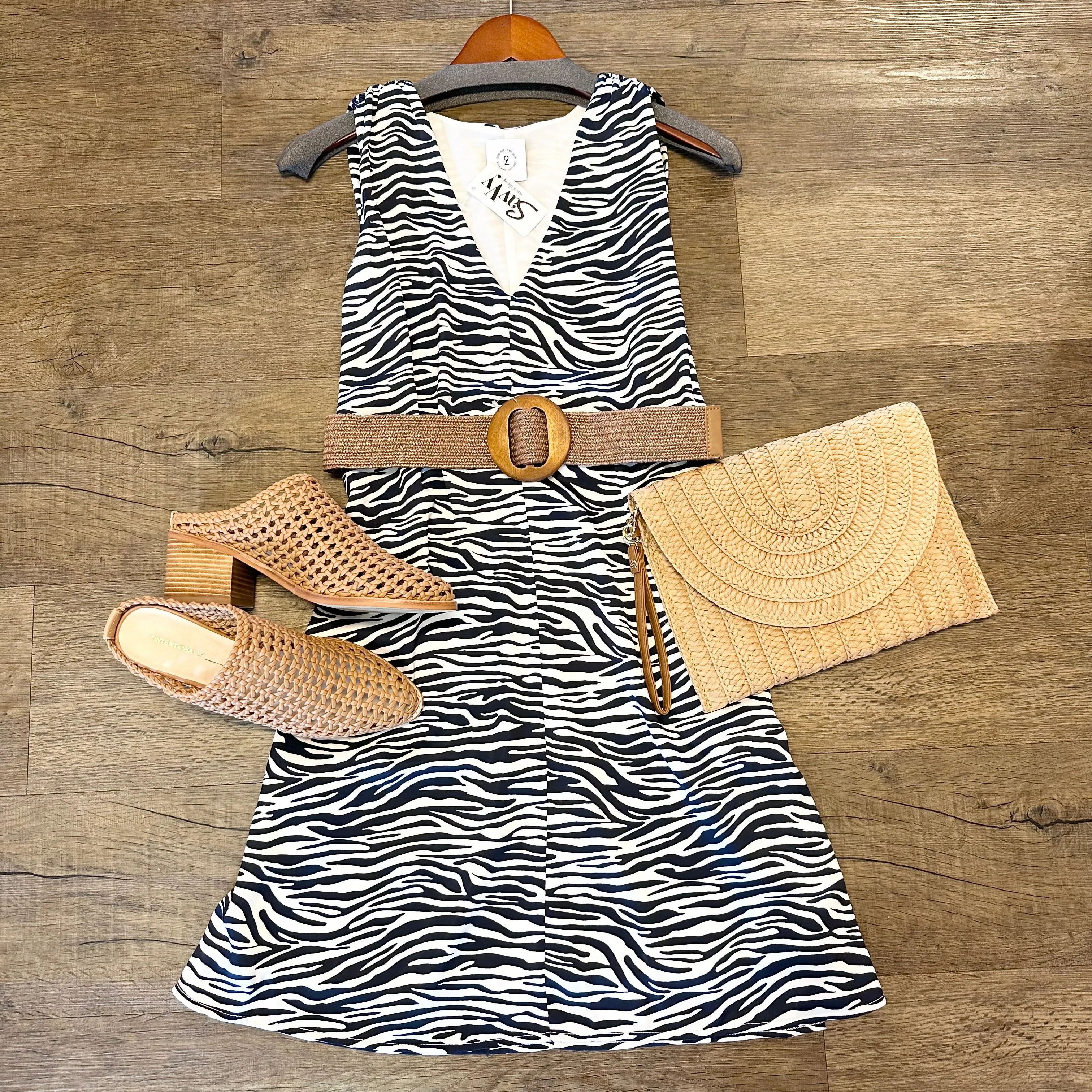 V Neck Zebra Print Shift Dress in navy by 209