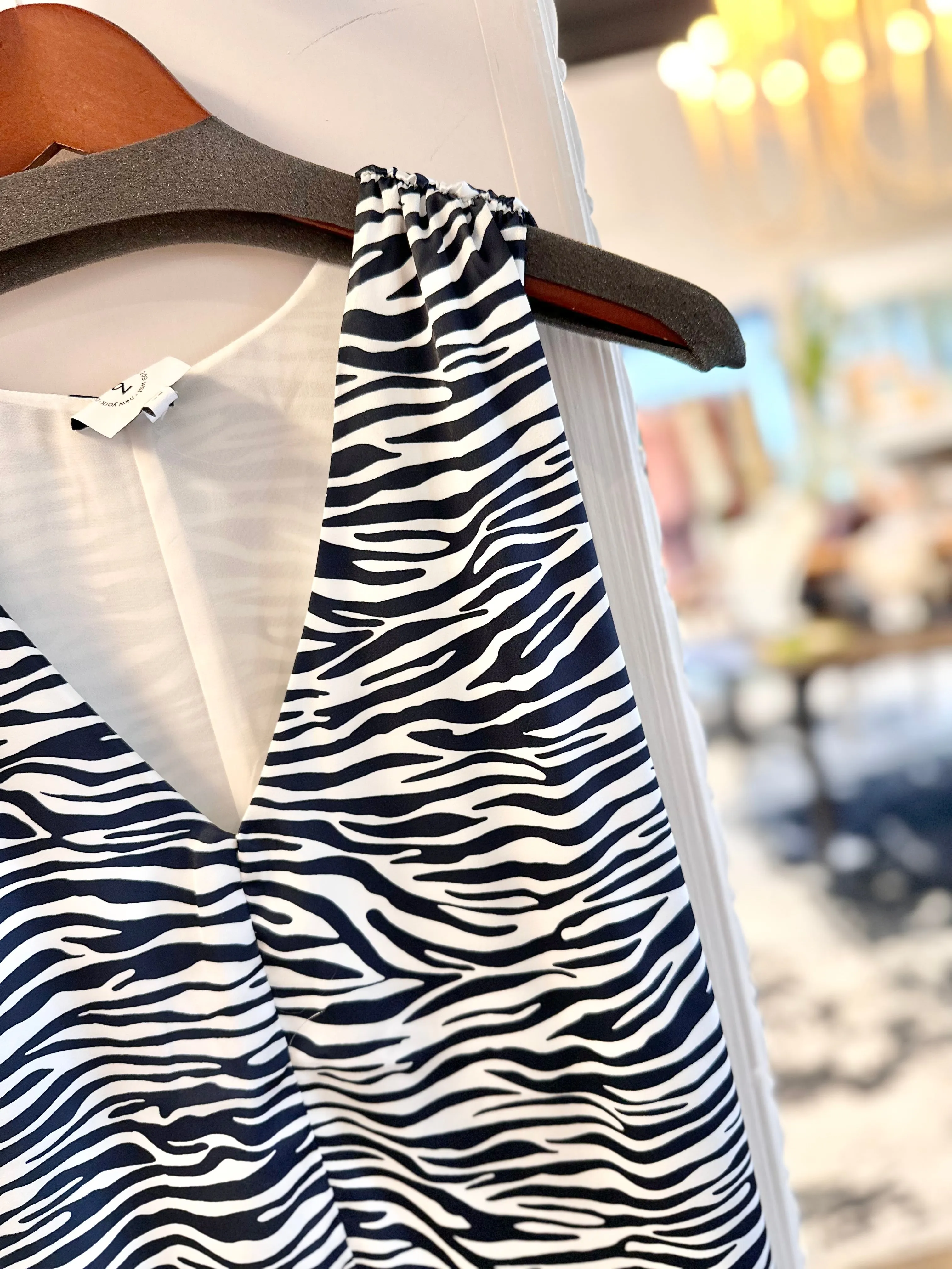 V Neck Zebra Print Shift Dress in navy by 209