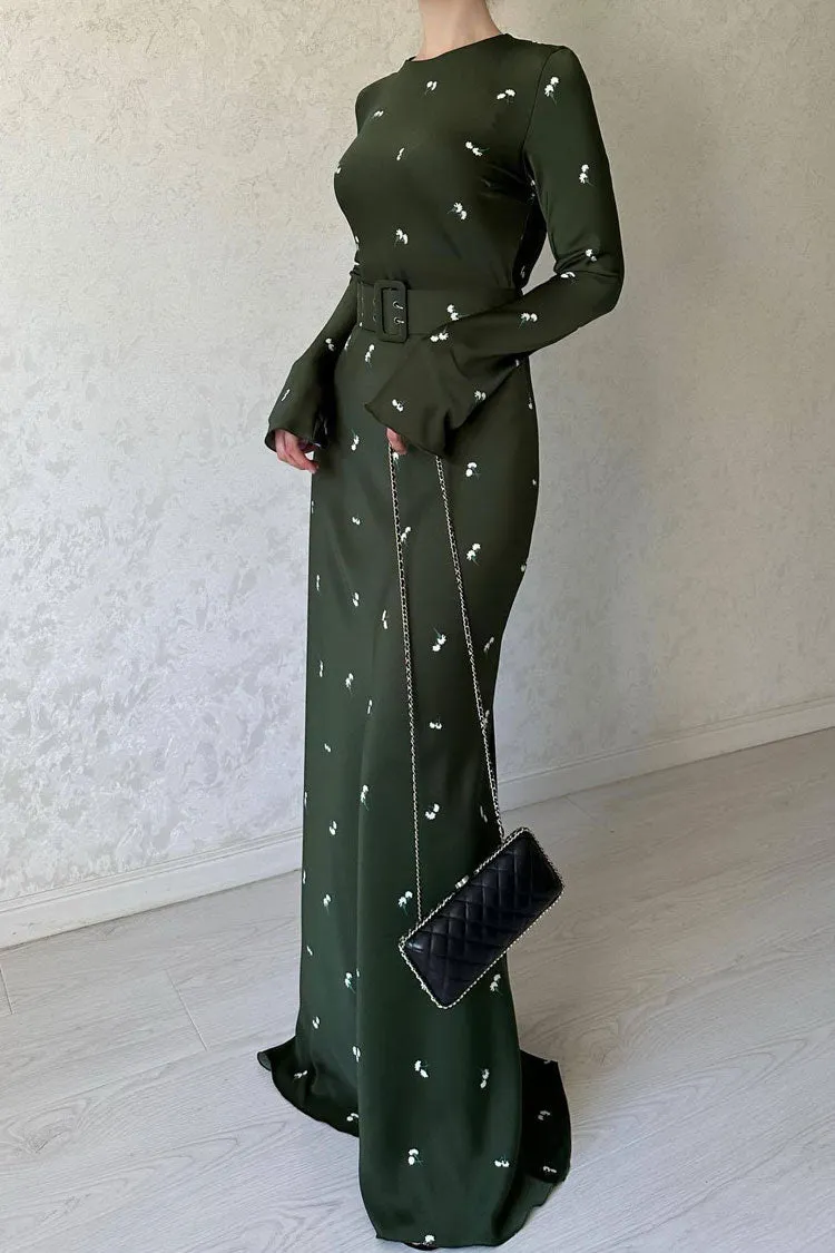 Vintage Long Sleeve Silky Satin Floral Printed Maxi Dress - Green