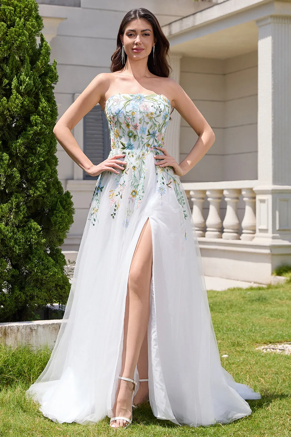 White A Line Strapless Floral Embroidery Corset Tulle Long Wedding Dress with Slit