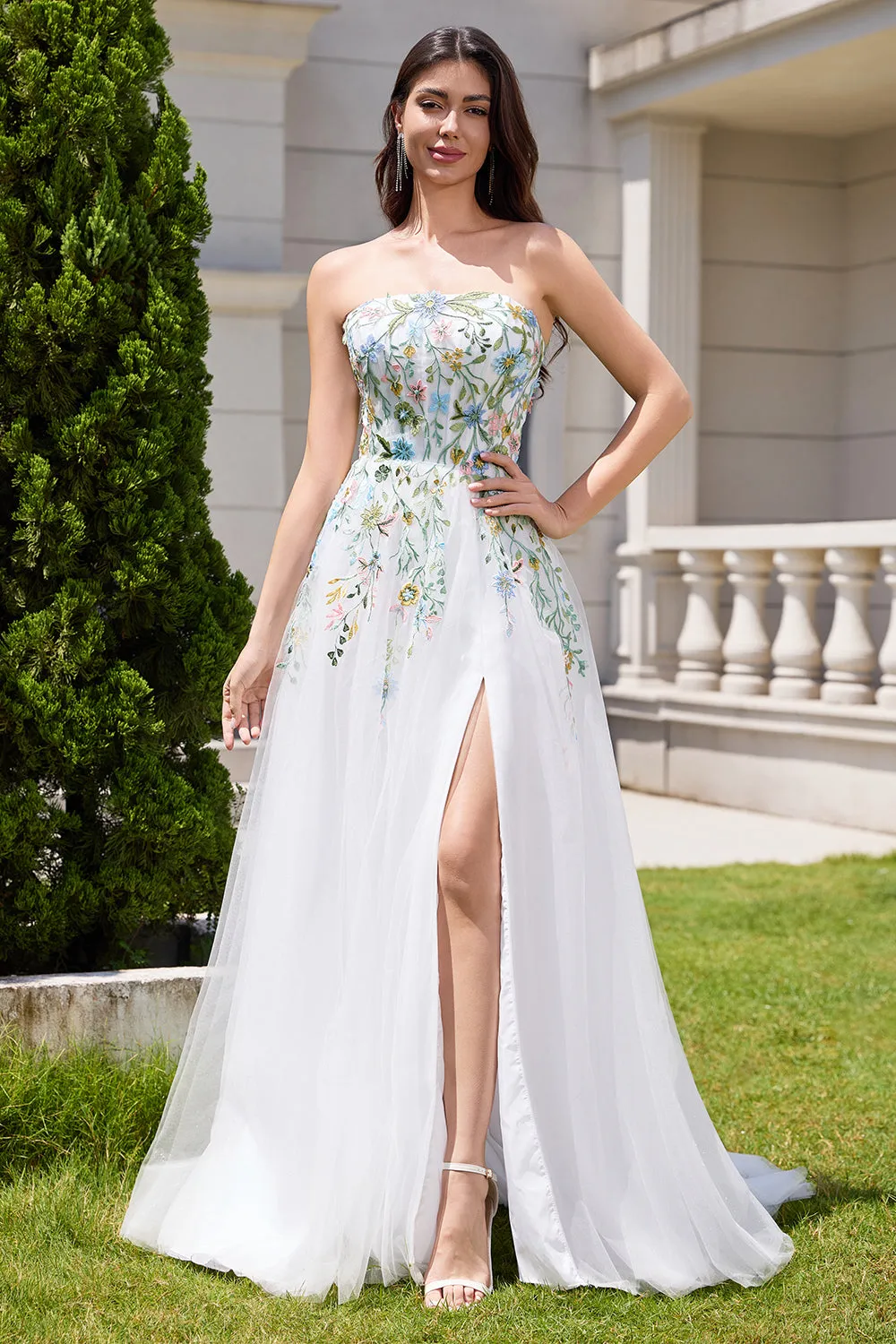 White A Line Strapless Floral Embroidery Corset Tulle Long Wedding Dress with Slit