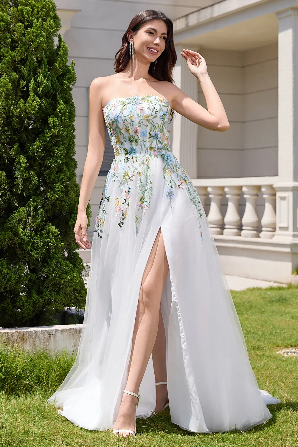 White A Line Strapless Floral Embroidery Corset Tulle Long Wedding Dress with Slit