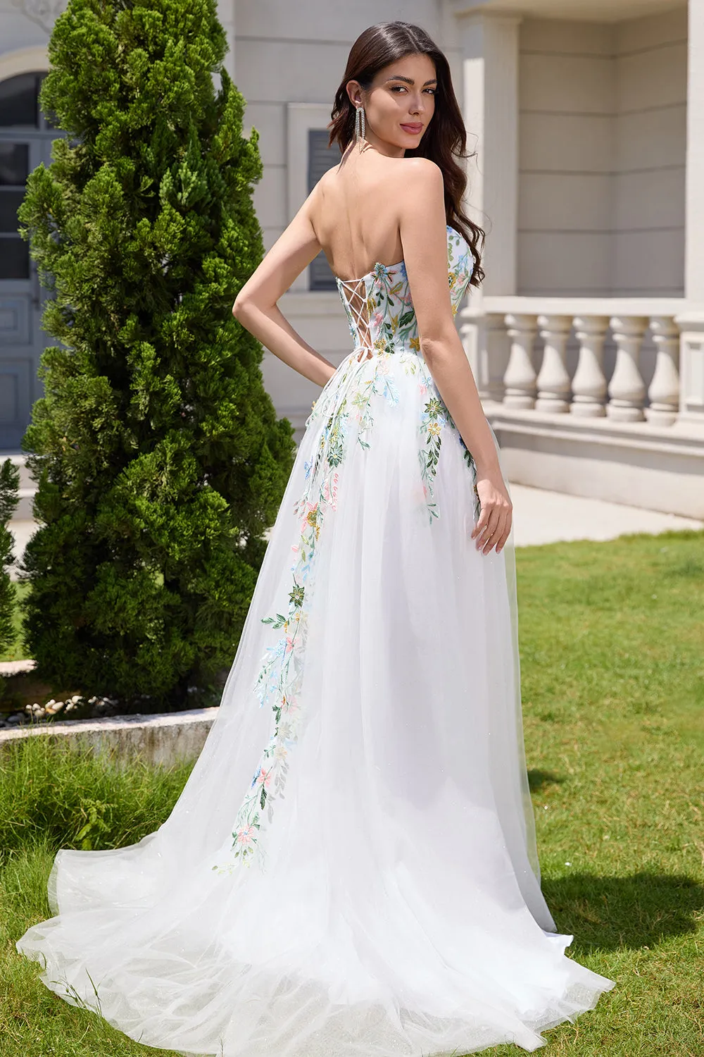 White A Line Strapless Floral Embroidery Corset Tulle Long Wedding Dress with Slit