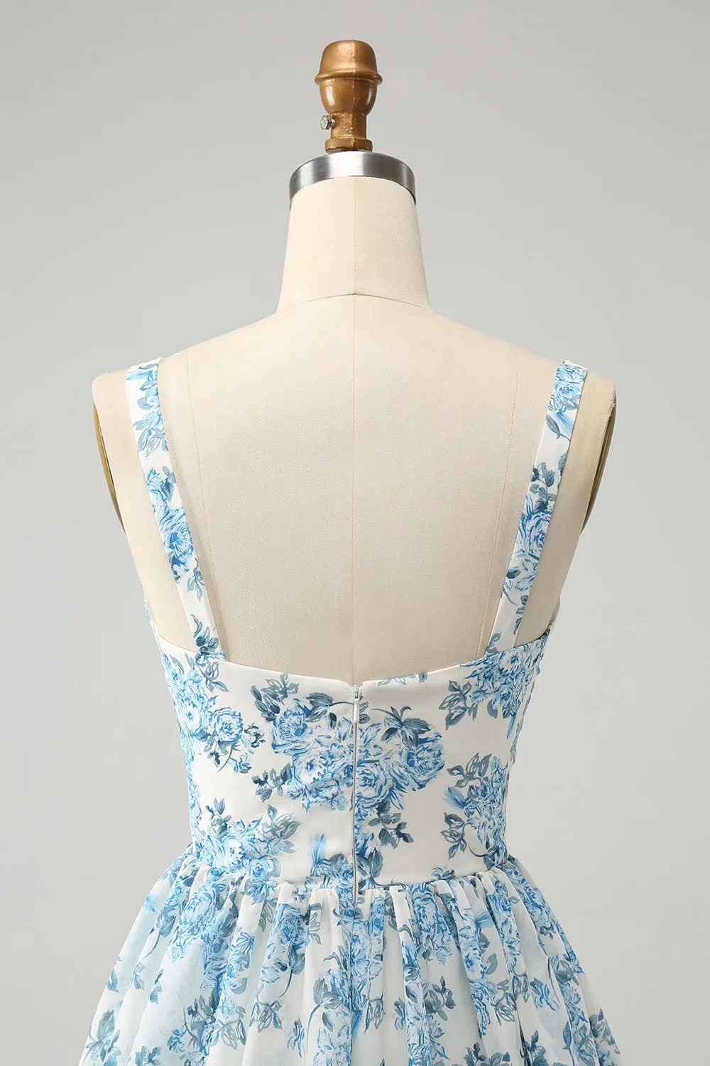 White Blue Corset Tiered Floral Tea Length Dress