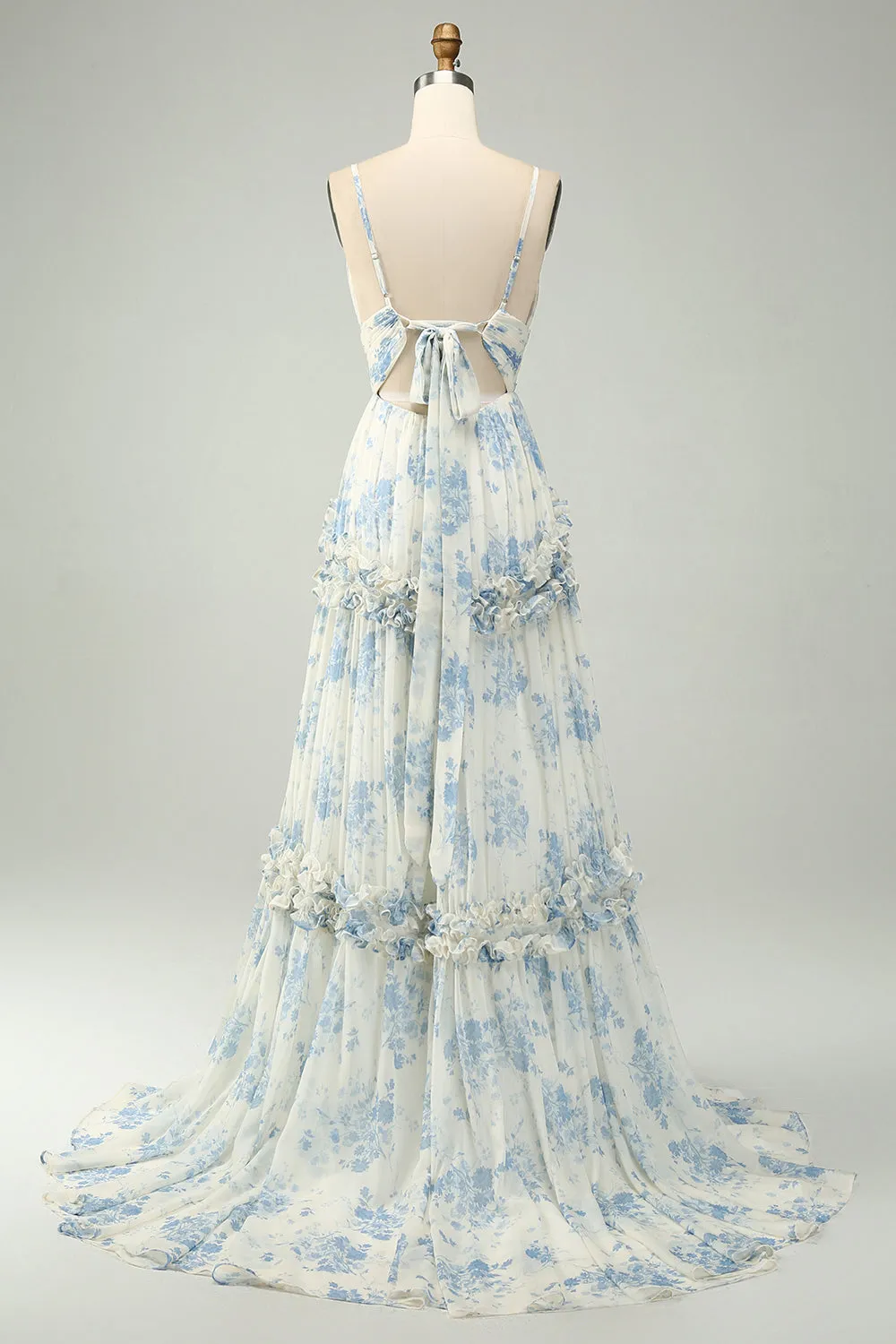 White Blue Flower A Line Long Tulle Maxi Dress with Ruffles