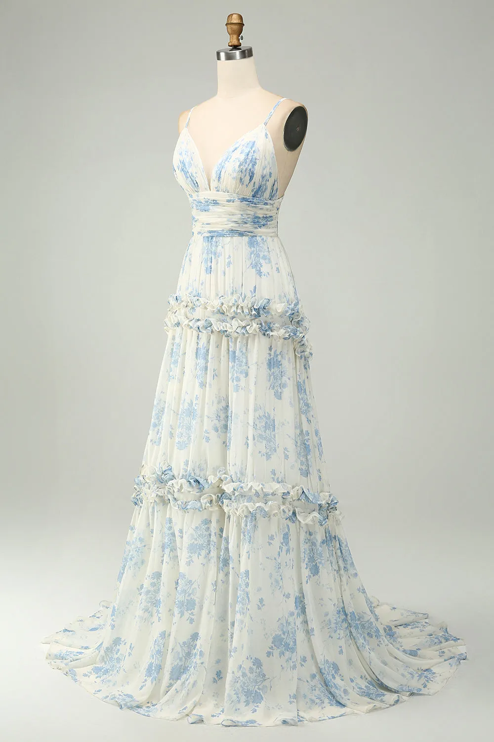 White Blue Flower A Line Long Tulle Maxi Dress with Ruffles