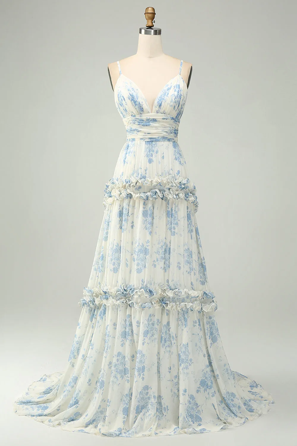 White Blue Flower A Line Long Tulle Maxi Dress with Ruffles