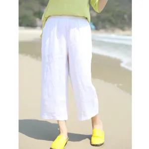 White Linen Summer Autumn Women Casual Pants with Pockets SMM97232