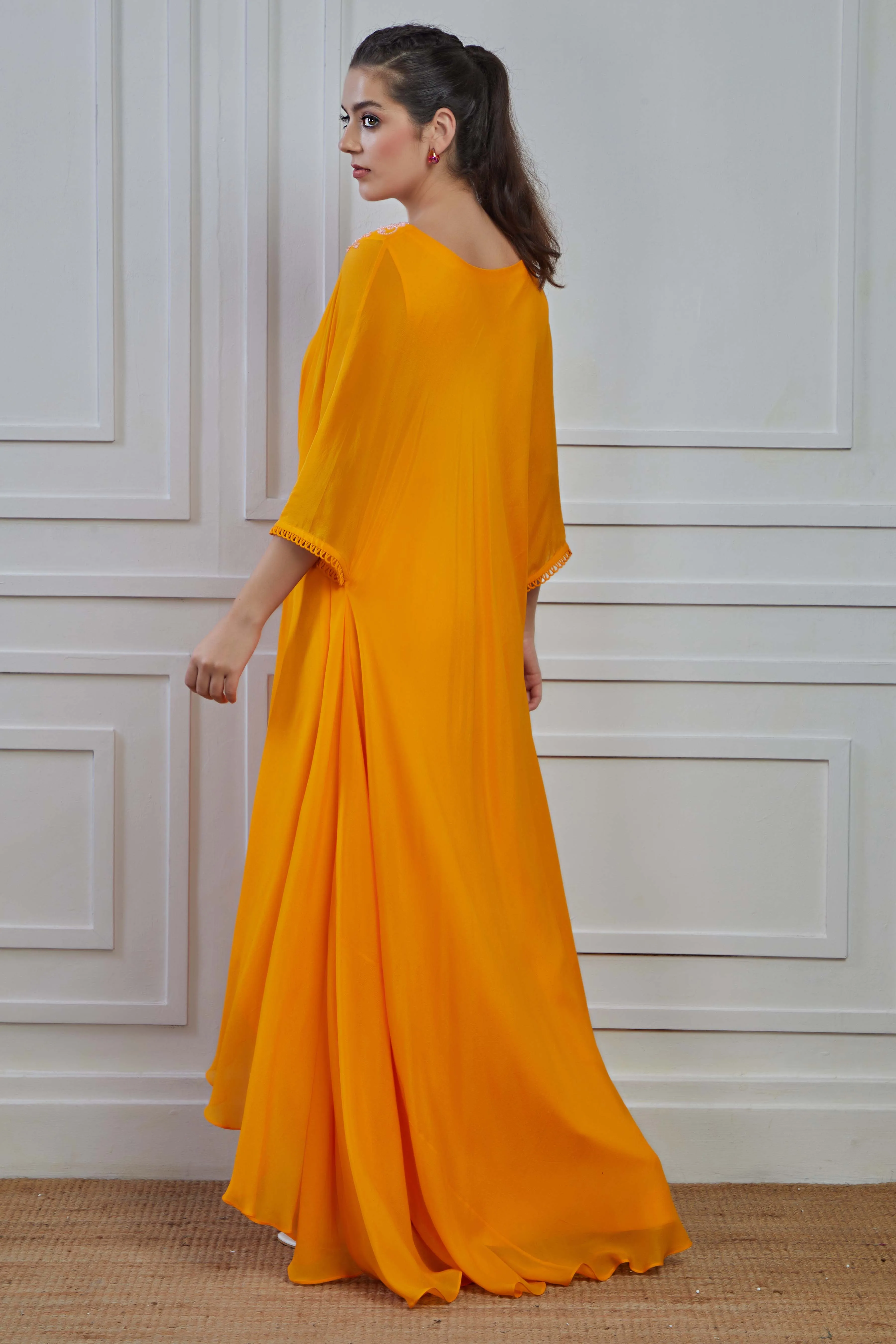 Yellow Embellished Crepe Silk Kurta Cowl Pants