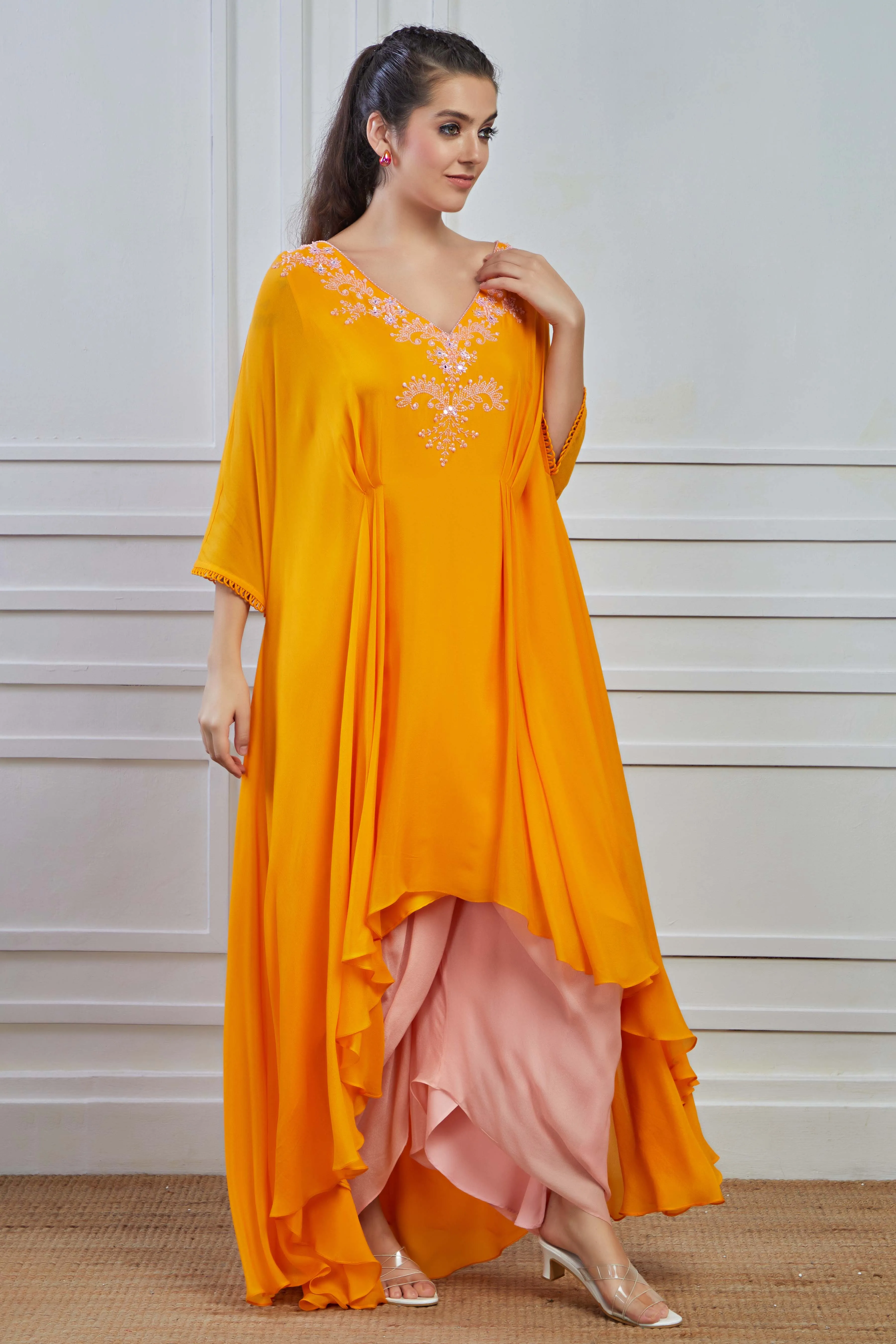 Yellow Embellished Crepe Silk Kurta Cowl Pants